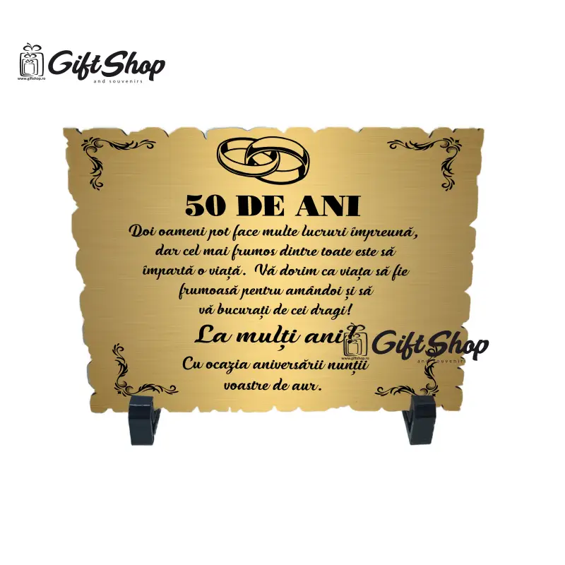 Aniversare 50 ani doi oameni pot face multe, placheta cu mesaj, model a